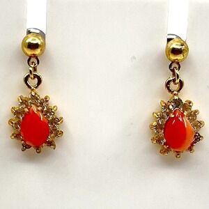 Vintage‎ Faux Coral Teardrop Dangle Earrings Gold Tone Rhinestone Halo Pierced